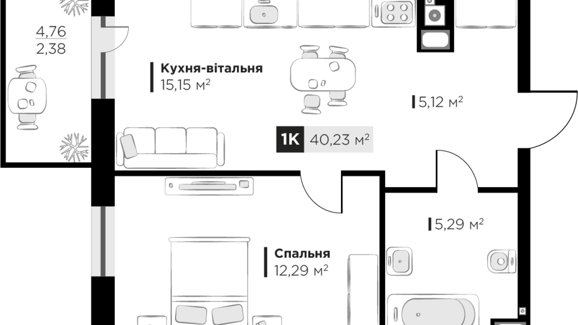 Планування 1-кімнатної квартири в ЖК SILENT PARK 40.23 м², фото 627043