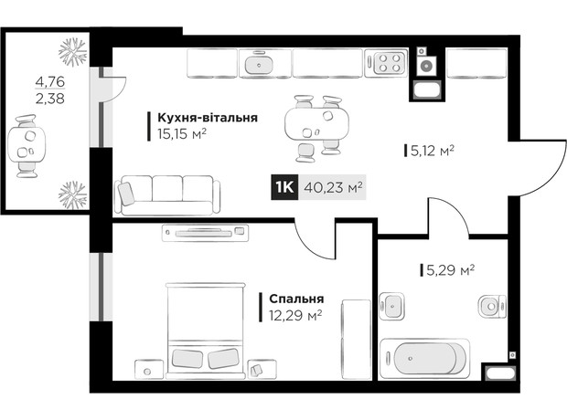 ЖК SILENT PARK: планировка 1-комнатной квартиры 40.23 м²