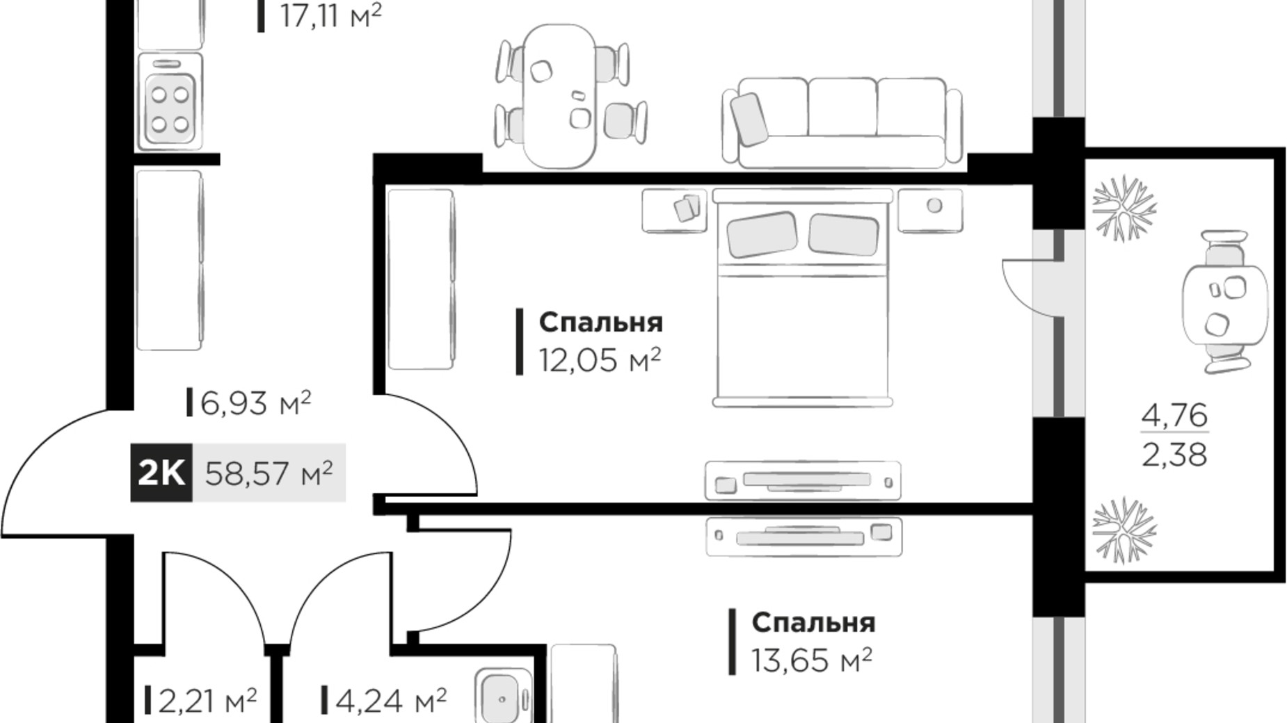 Планування 2-кімнатної квартири в ЖК SILENT PARK 58.57 м², фото 627044