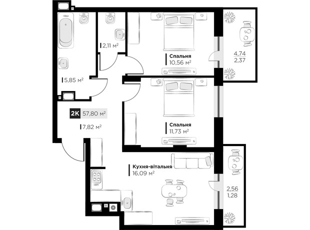 ЖК SILENT PARK: планування 2-кімнатної квартири 57.8 м²