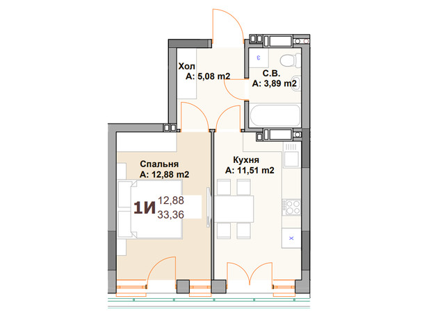 ЖК Vyshgorod Sky: планування 1-кімнатної квартири 33.36 м²