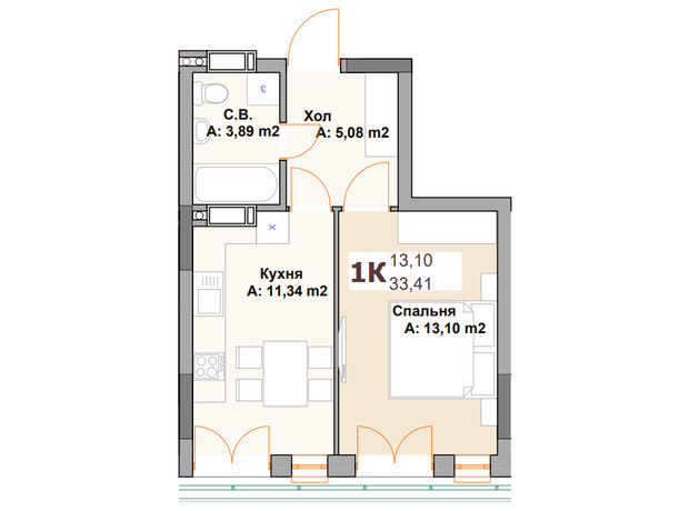 ЖК Vyshgorod Sky: планировка 1-комнатной квартиры 33.41 м²