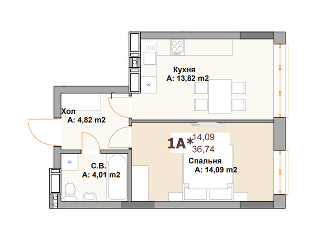 ЖК Vyshgorod Sky: планировка 1-комнатной квартиры 36.74 м²