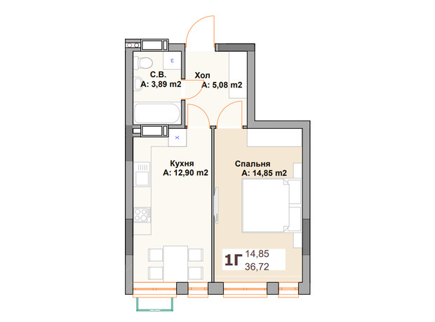 ЖК Vyshgorod Sky: планировка 1-комнатной квартиры 36.72 м²