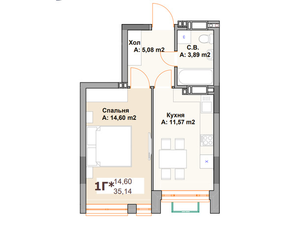 ЖК Vyshgorod Sky: планування 1-кімнатної квартири 35.14 м²