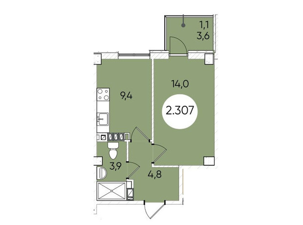 ЖК Гринвич Парк: планировка 1-комнатной квартиры 30.6 м²