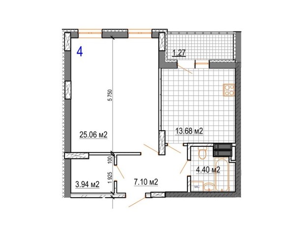 ЖК Вернисаж: планировка 1-комнатной квартиры 55.45 м²