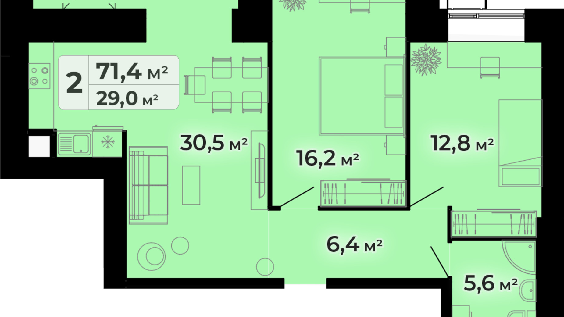 Планування 2-кімнатної квартири в ЖК Комфорт Парк 71.4 м², фото 627590