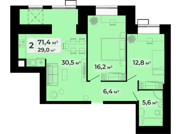 ЖК Комфорт Парк: планування 2-кімнатної квартири 71.4 м²