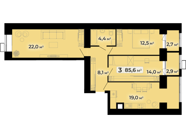 ЖК Комфорт Парк: планування 3-кімнатної квартири 85.6 м²