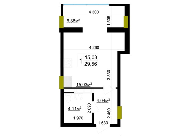 ЖК Вернисаж: планировка 1-комнатной квартиры 29.56 м²