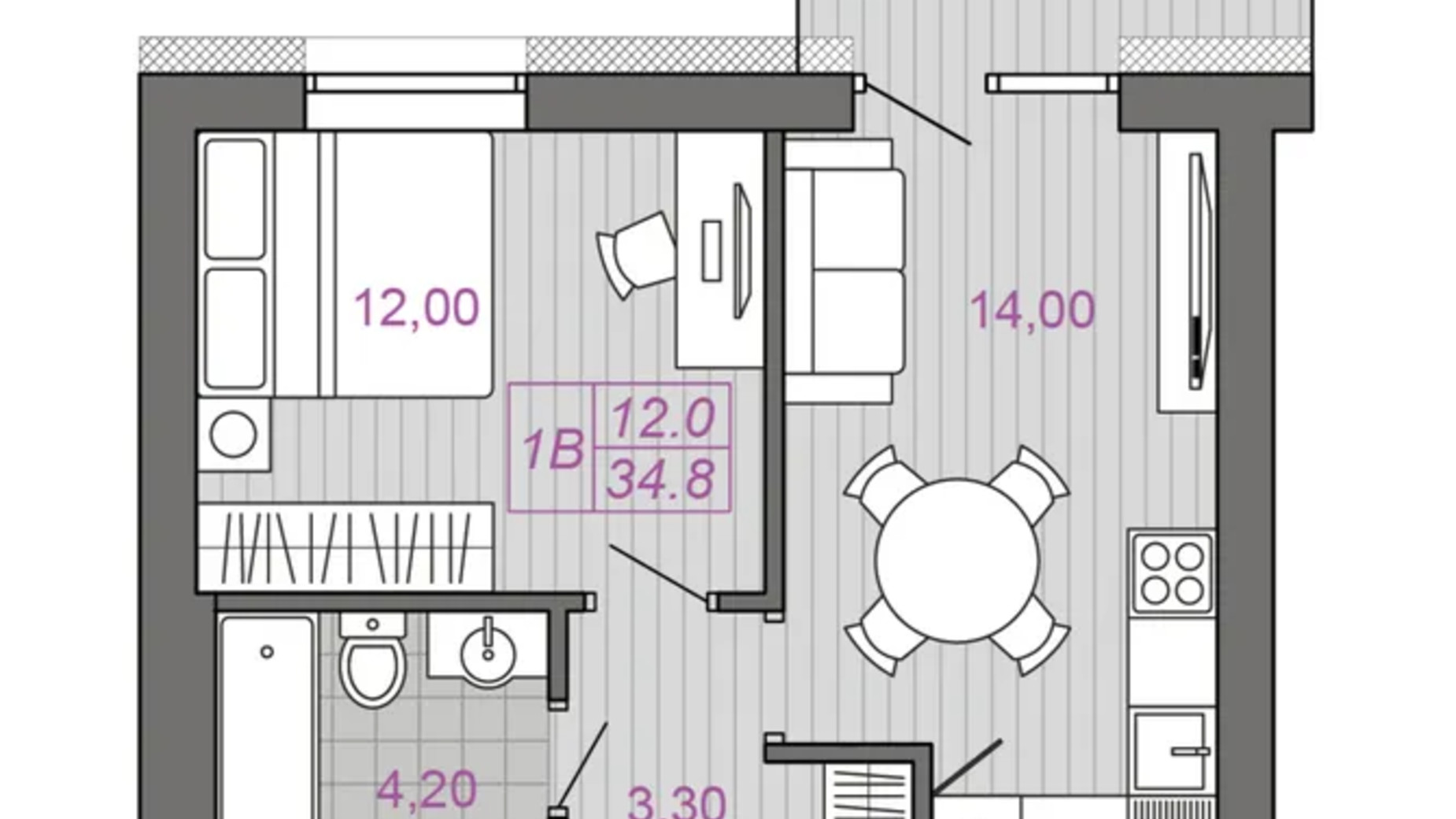 Планировка 1-комнатной квартиры в ЖК Семейная Крепость. Гордость 34.8 м², фото 627651
