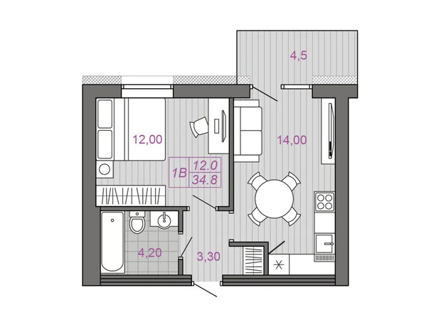 ЖК Семейная Крепость. Гордость: планировка 1-комнатной квартиры 34.8 м²