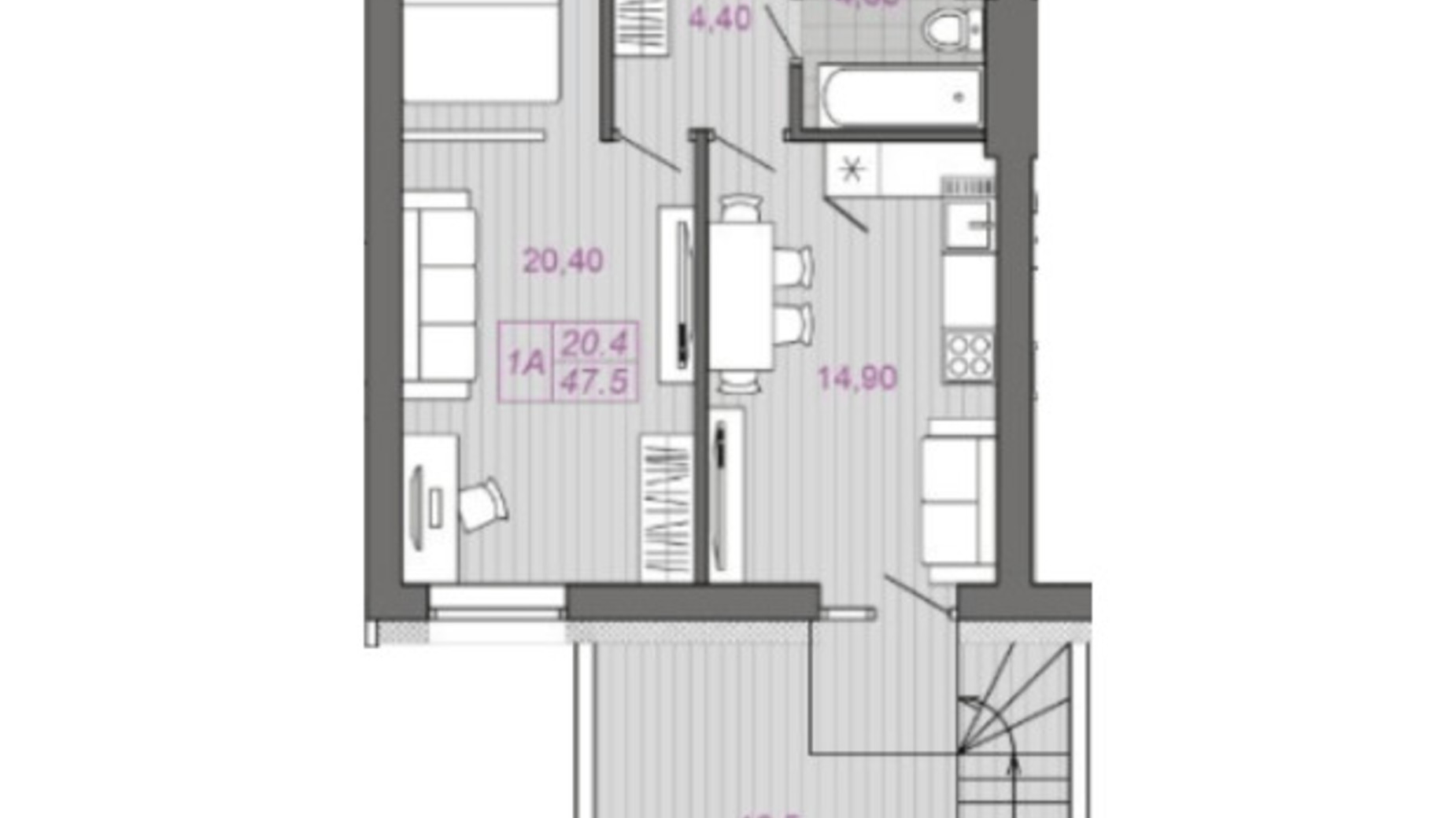 Планування 1-кімнатної квартири в ЖК Сімейна фортеця. Гордість  47.5 м², фото 627652