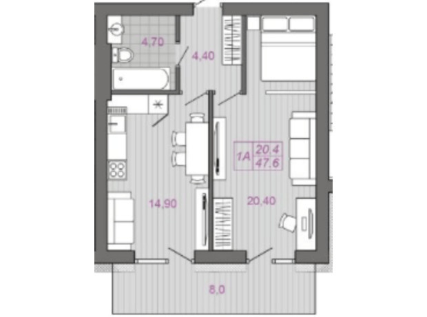 ЖК Семейная Крепость. Гордость: планировка 1-комнатной квартиры 47.6 м²