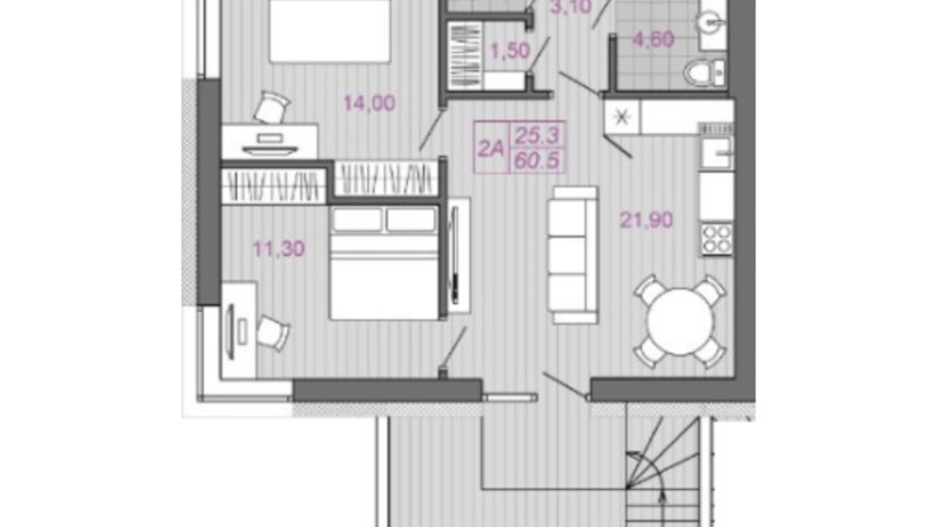 Планування 2-кімнатної квартири в ЖК Сімейна фортеця. Гордість  60.5 м², фото 627656