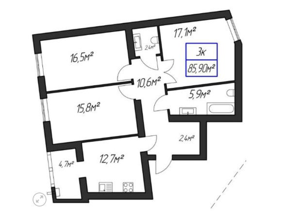 ЖК Паркове містечко: планування 3-кімнатної квартири 85.9 м²