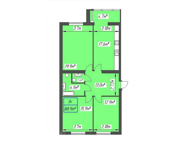 ЖК Паркове містечко: планировка 3-комнатной квартиры 88.9 м²