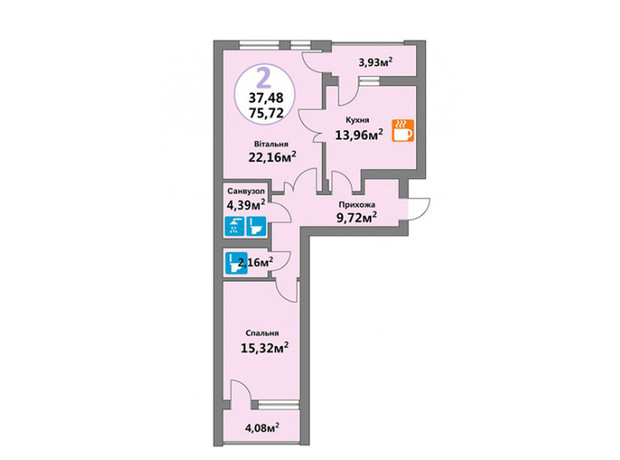 ЖК Еко-Дім на Надійній: планування 2-кімнатної квартири 75.08 м²
