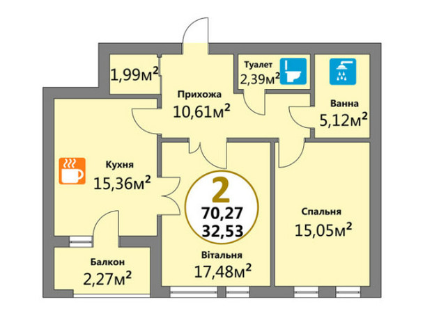 ЖК Эко-Дом на Надийний: планировка 2-комнатной квартиры 70.27 м²