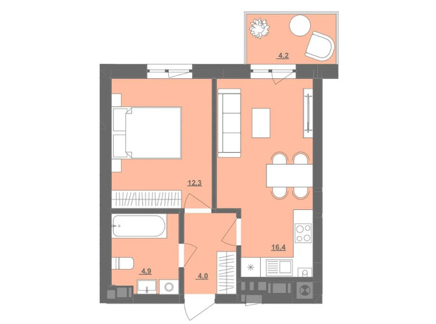 ЖК Центральний: планування 1-кімнатної квартири 38.8 м²
