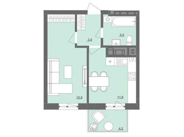 ЖК Центральний: планування 1-кімнатної квартири 37.7 м²