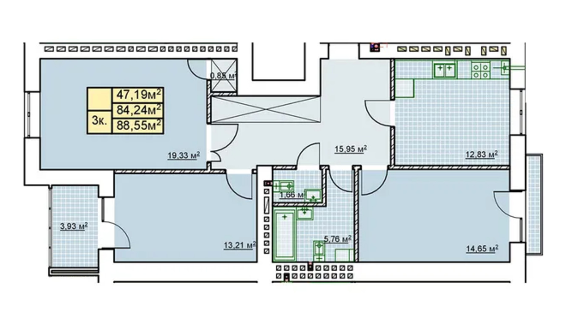 Планування 3-кімнатної квартири в ЖК Millennium 88.55 м², фото 627814