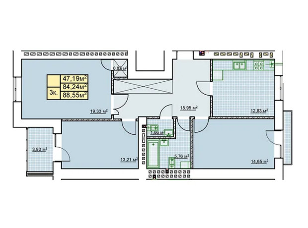 ЖК Millennium: планировка 3-комнатной квартиры 88.55 м²