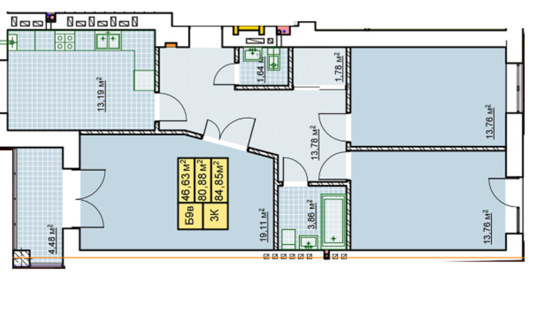 Планування 3-кімнатної квартири в ЖК Millennium 84.85 м², фото 627815