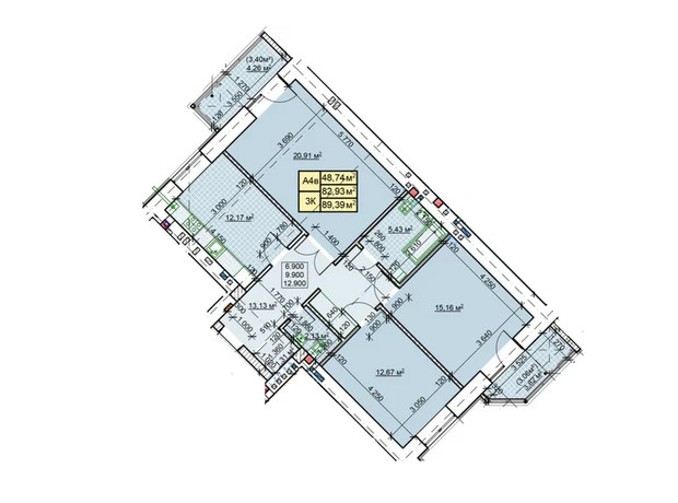 ЖК Millennium: планировка 3-комнатной квартиры 89.39 м²