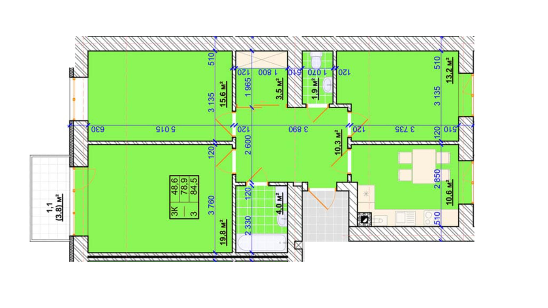 Планування 3-кімнатної квартири в ЖК Millennium 84.5 м², фото 627818