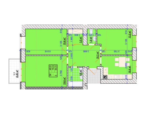 ЖК Millennium: планировка 3-комнатной квартиры 84.5 м²
