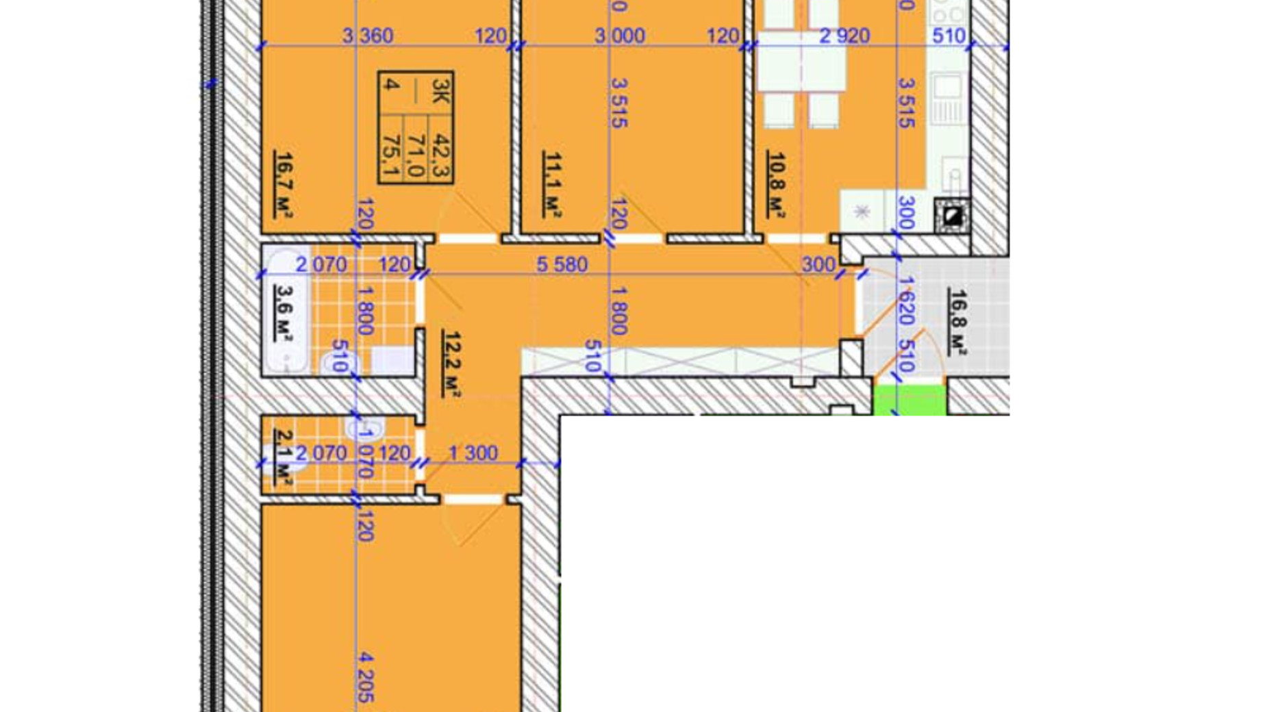 Планування 3-кімнатної квартири в ЖК Millennium 75.1 м², фото 627820