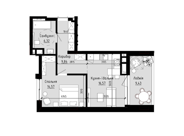 ЖК Hołosko Residents: планування 1-кімнатної квартири 52.02 м²