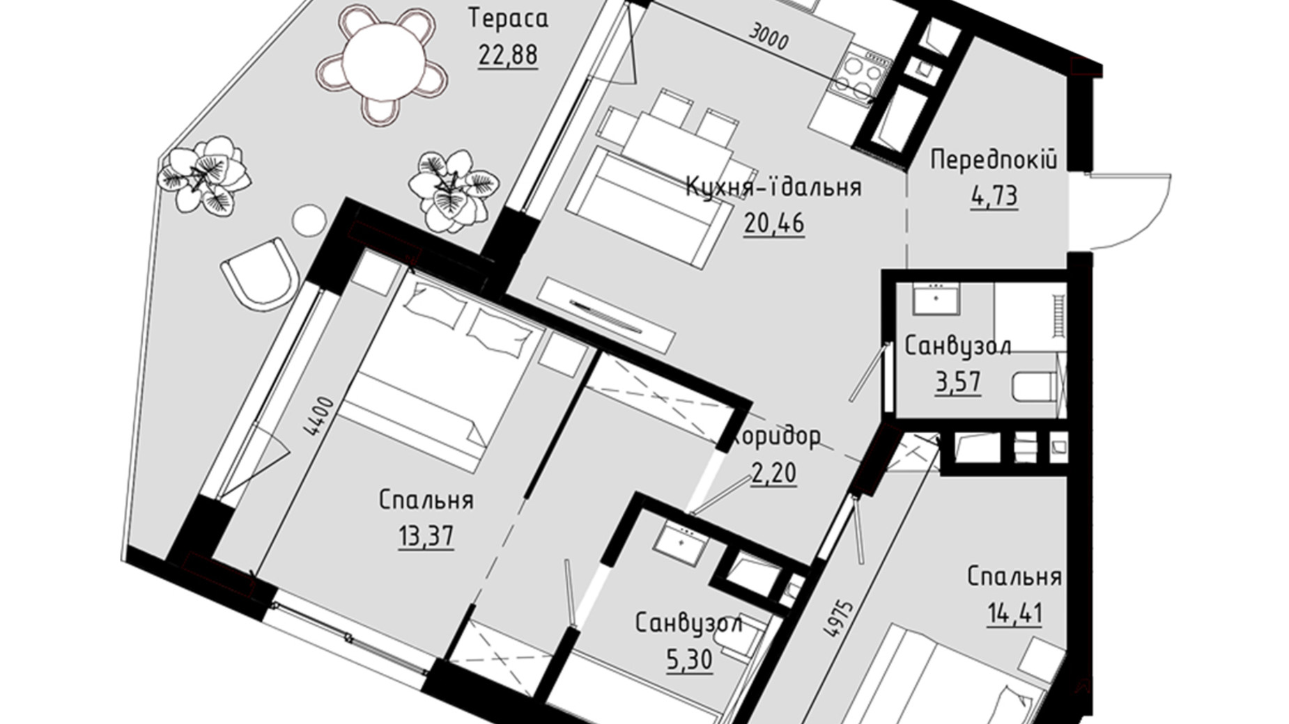 Планування 2-кімнатної квартири в ЖК Holosko Residents 76.97 м², фото 627893