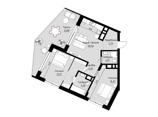 ЖК Hołosko Residents: планування 2-кімнатної квартири 76.97 м²