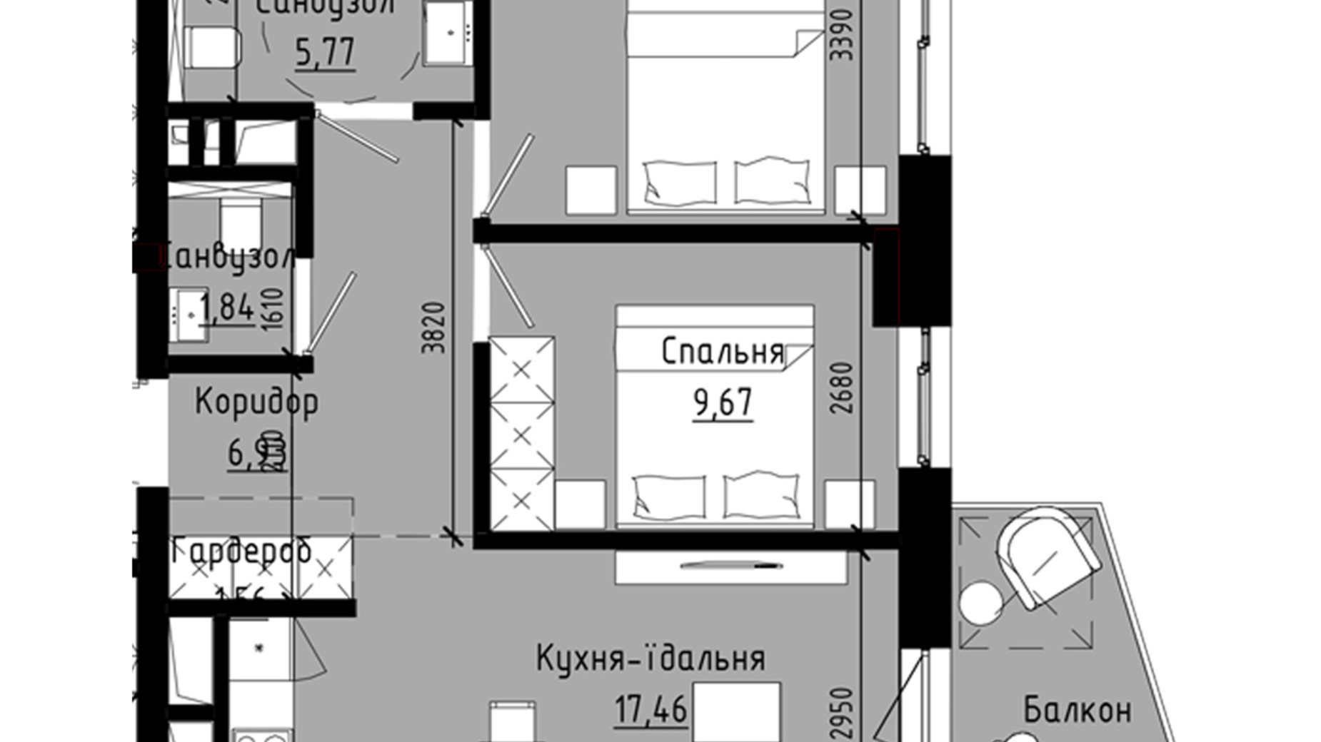 Планування 2-кімнатної квартири в ЖК Holosko Residents 57.49 м², фото 627894
