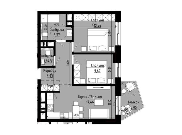 ЖК Hołosko Residents: планування 2-кімнатної квартири 57.49 м²