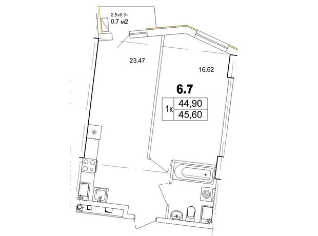 Апарт-комплекс Ітака: планування 1-кімнатної квартири 45.6 м²