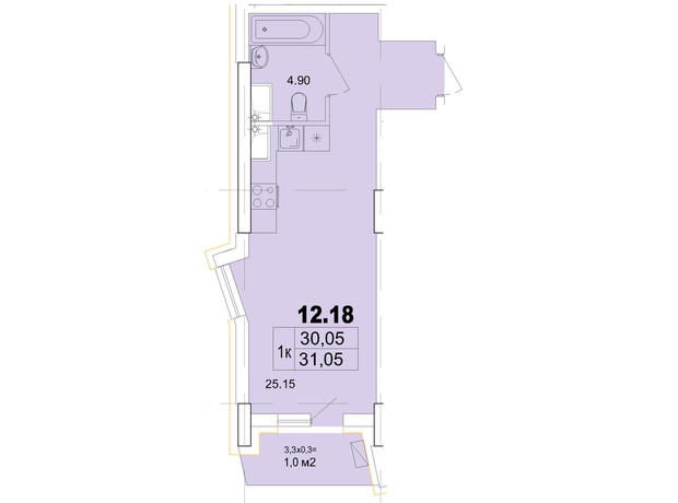 Апарт-комплекс Итака: планировка 1-комнатной квартиры 31.05 м²