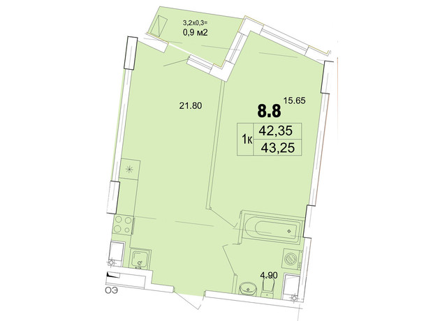 Апарт-комплекс Итака: планировка 1-комнатной квартиры 43.25 м²
