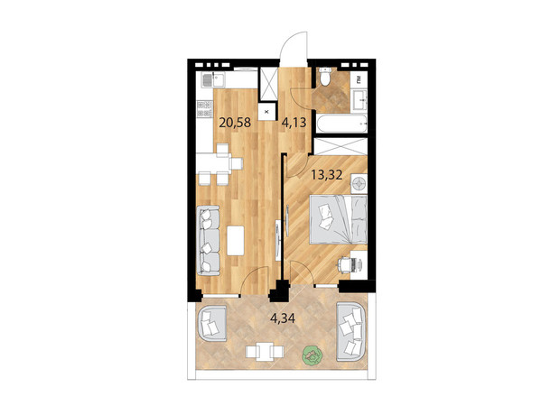 Клубний будинок Forest Etalon Club: планування 1-кімнатної квартири 42.37 м²