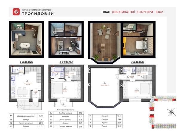 ЖК Трояндовий: планування 2-кімнатної квартири 83 м²