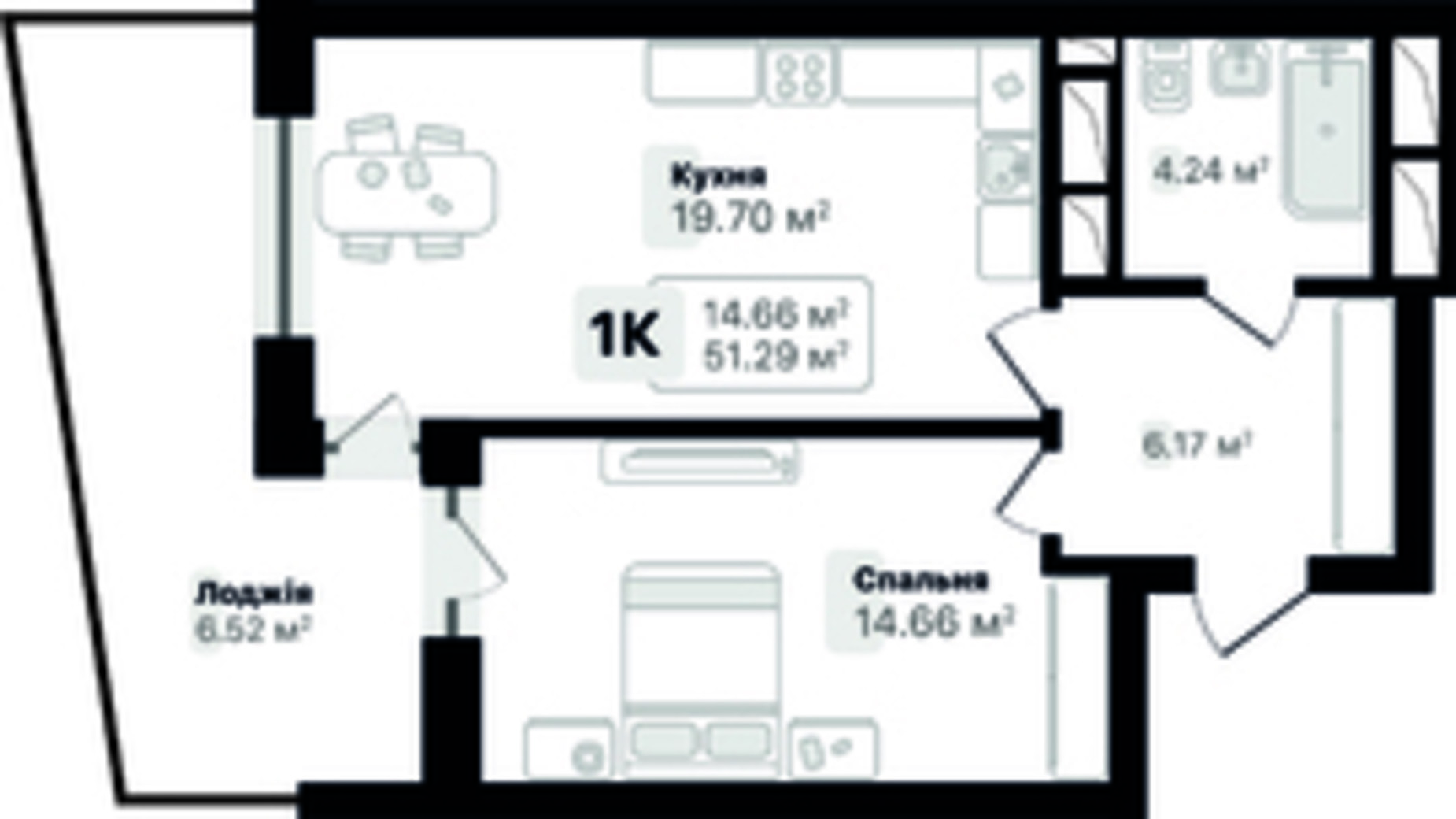 Планування 1-кімнатної квартири в ЖК Auroom Solar 51.29 м², фото 628285