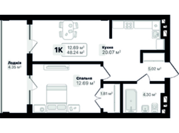 ЖК Auroom Solar: планировка 1-комнатной квартиры 48.24 м²