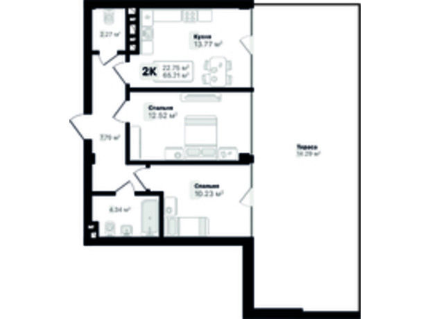 ЖК Auroom Solar: планировка 2-комнатной квартиры 65.21 м²