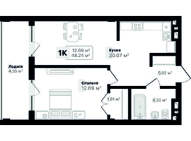 ЖК Auroom Solar: планування 1-кімнатної квартири 48.24 м²