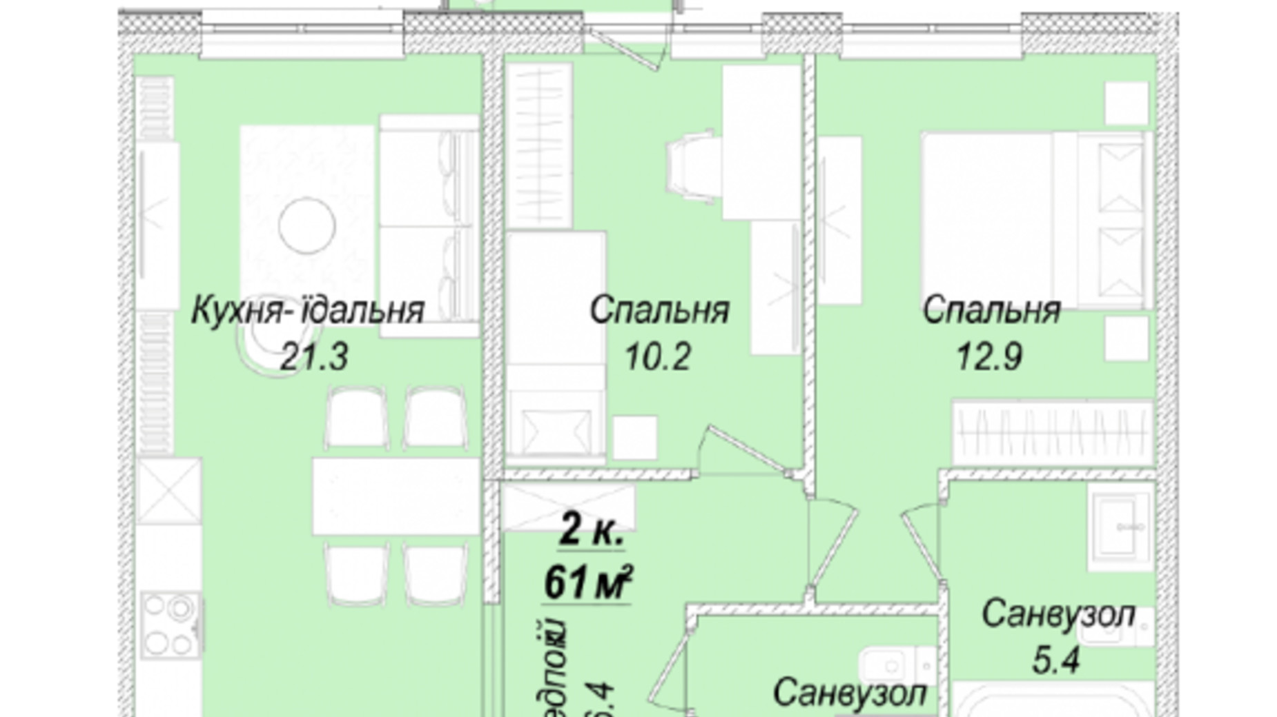 Планування 2-кімнатної квартири в ЖК Скай Сіті Плюс 61 м², фото 628637