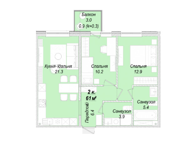 ЖК Скай Сити Плюс: планировка 2-комнатной квартиры 61 м²