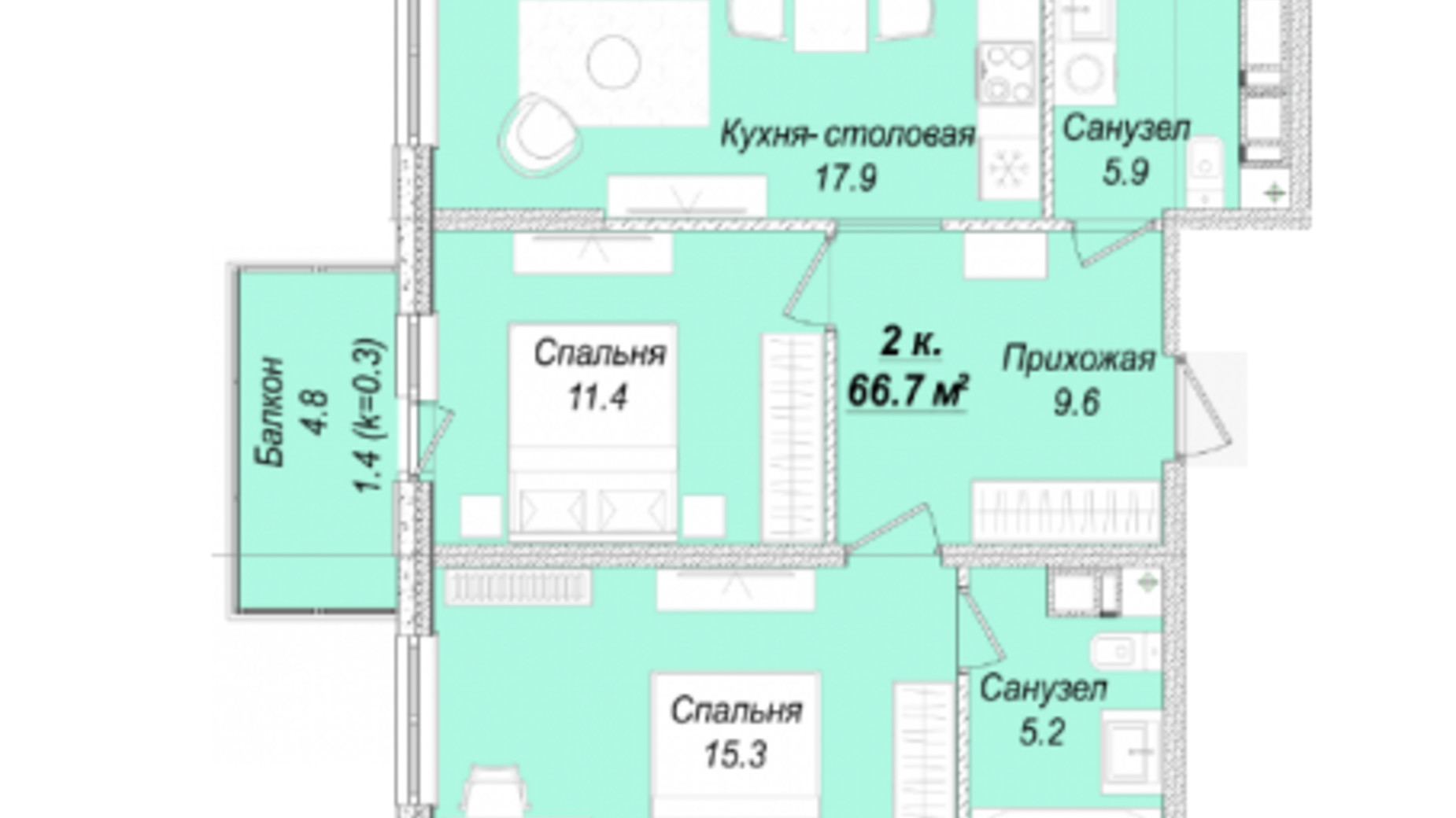 Планировка 2-комнатной квартиры в ЖК Скай Сити Плюс 66.7 м², фото 628638